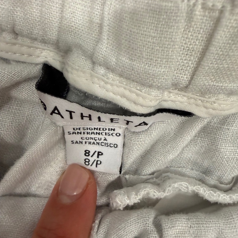 Athleta White Linen Joggers Petite 8P Drawstring Elastic Waist Zipper Pockets - Picture 3 of 3
